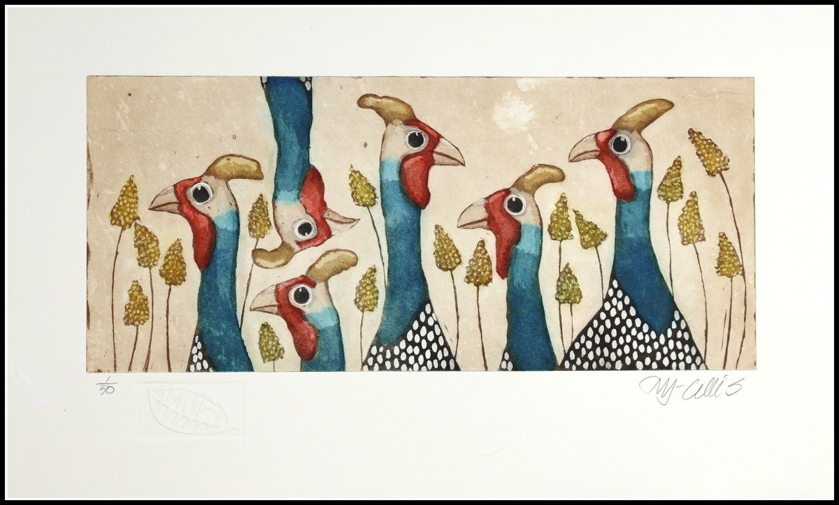 Illustrative Animal Etchings & Engravings By Mariann Johansen-Ellis, 20 X 11", A Gaggle Of Guinea Hens, Original Artwork