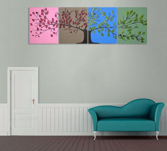 tree of life painting in a quadriptych style, for home office or nursery , original extra large wall art in acrylic hand made " Tree of Life " contemporary birds 64 x 20"