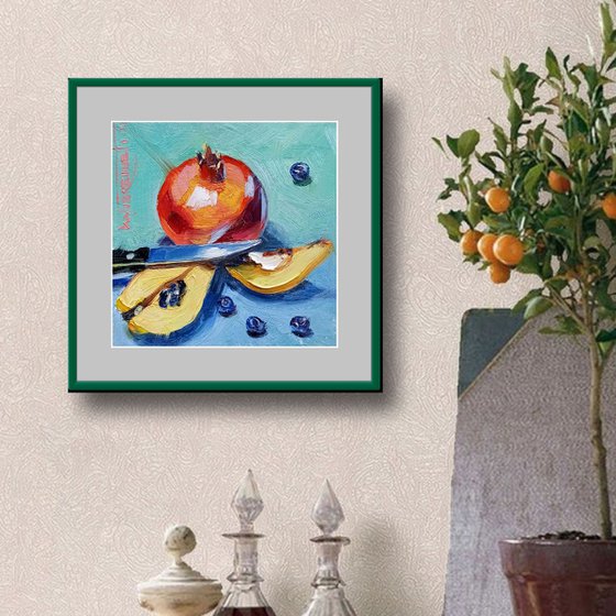 'POMEGRANATE WITH QUINCE' - Small Oil Painting on Panel Ready to Hang