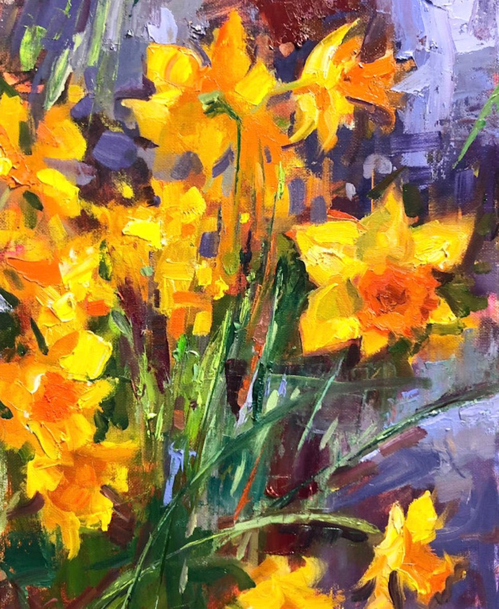 Daffodil Painting Original Blooming Garden Art Spring Flowers Original Oil On Canvas Imp... by Emiliya Lane