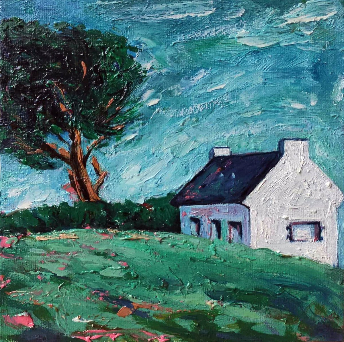 Expressive Landscape Oil Painting By Lionel Le Jeune, 8 X 8", Paysage Breton, Original Artwork