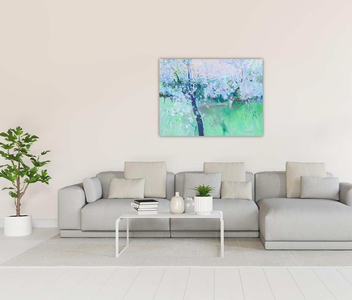 Impressionistic Landscape Acrylic Painting By Yehor Dulin, 47 X 35", " ?herry Orchard ", Original Artwork