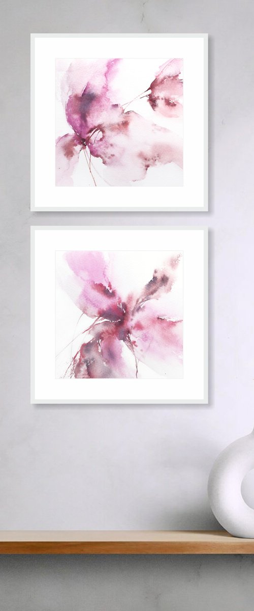 Pink flowers diptych by Olga Grigo