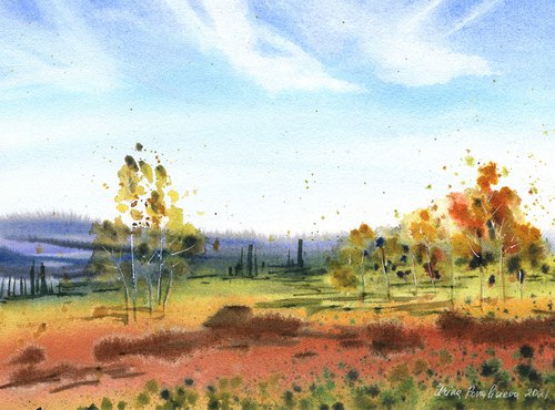 Autumn landscape painting original watercolor on paper forest and trees , country artwork gift idea by Irina Povaliaeva