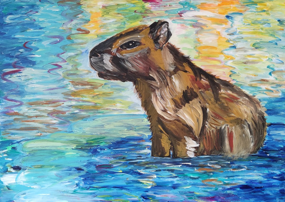 Impressionistic Animal Acrylic Painting By Vamosi Peter, 28 X 20", Capybara, Original Artwork