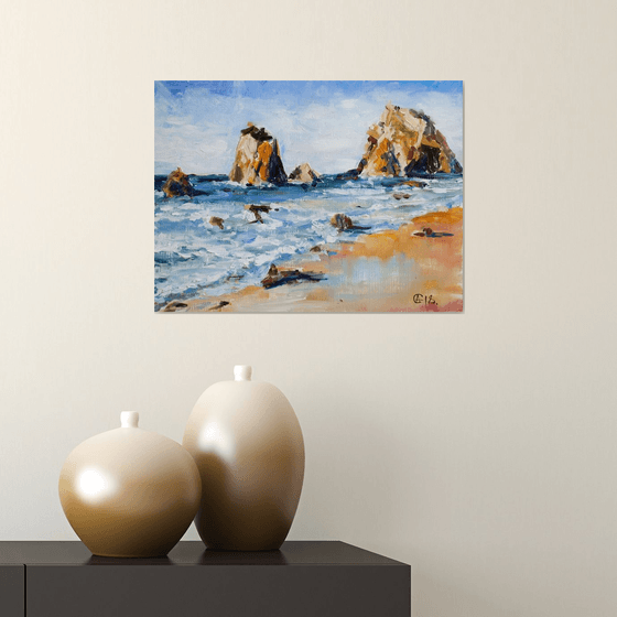 Atlantic cost. Portugal. Study. Original oil painting. Small size portugal beach rocks yellow blue nature landscape impressionism decor interior