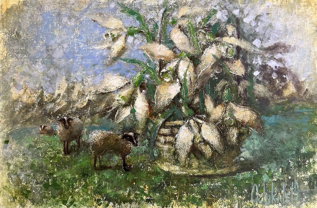 Sheep Snowdrops Pastoral Landscape By Yulia Odukalets, 12 X 8, Artwork For Sale On Artfinder