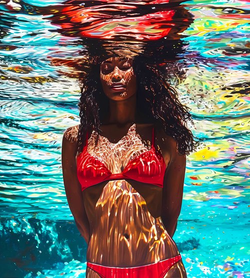Beautiful black african american woman in red bikini under water in the swimming pool, sea, ocean with blue turquoise color waves with bright sun glares. Female portrait artwork, sexy body figure woman. Positive relax holiday colorful wall art home decor by BAST