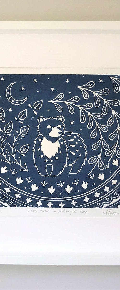 Leon Bear in midnight blue, limited edition scandinavian folk art, linocut print by Katie Farrell