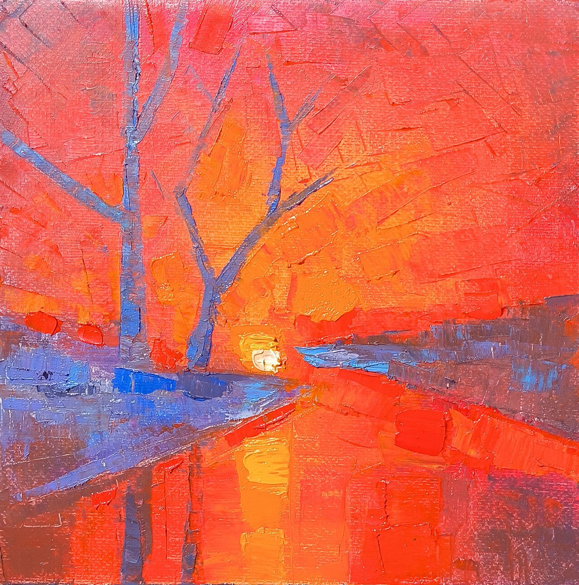 Abstract Landscape Oil Painting By Narek Qochunc, 8 X 8", Flames Of The Horizon, Original Artwork