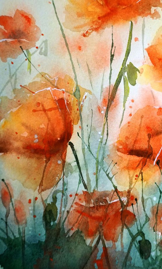 Red Poppy Flowers ORIGINAL Watercolor Painting - Impressionistic Art
