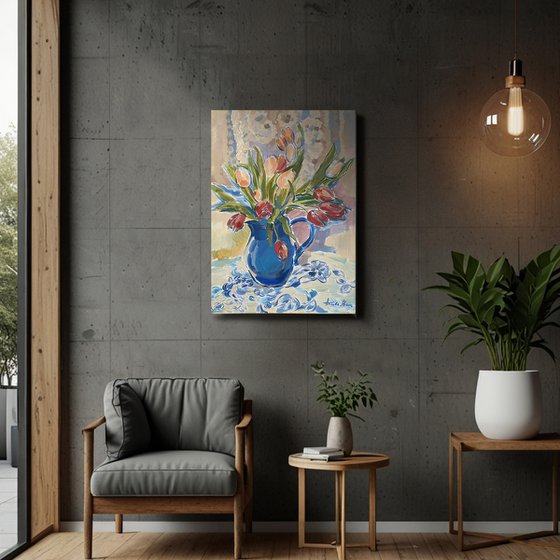 Tulips in a Blue Vase