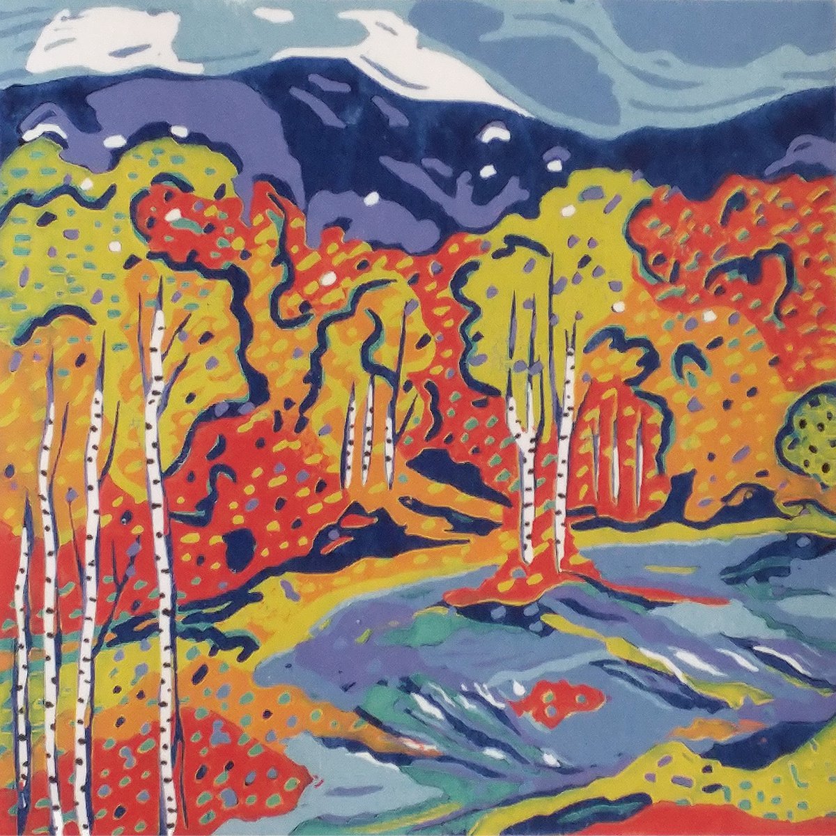 Impressionistic Landscape Linocut By Angela Maher, 7 X 7, Autumn, Original Artwork