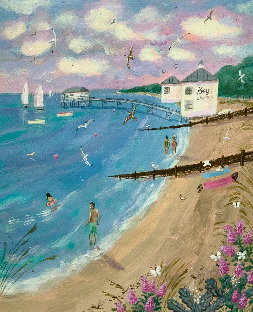 Naive Landscape Acrylic Painting By Mary Stubberfield, 11 X 13", The Bay Cafe, Original Artwork