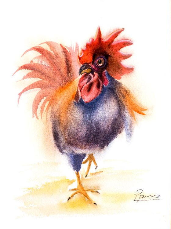 Original Watercolor Rooster Painting