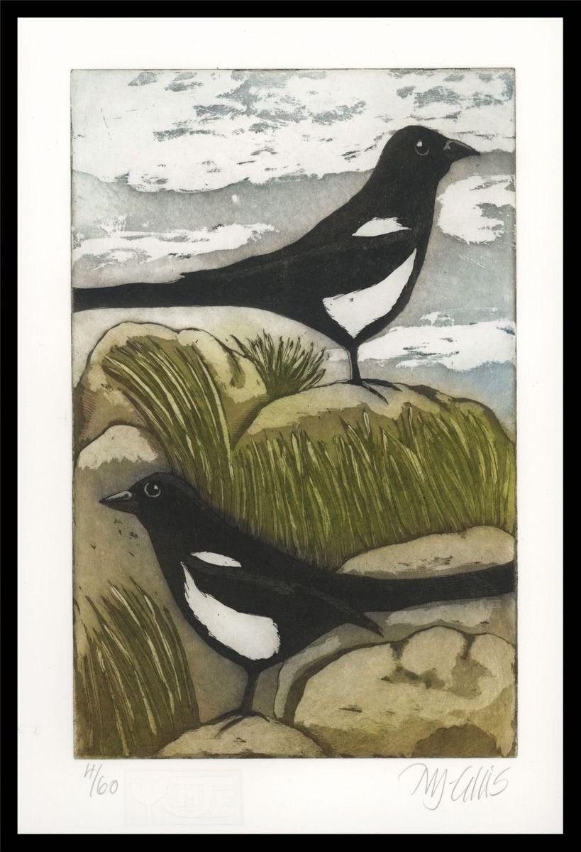 Magpies, aquatint etching by Mariann Johansen-Ellis