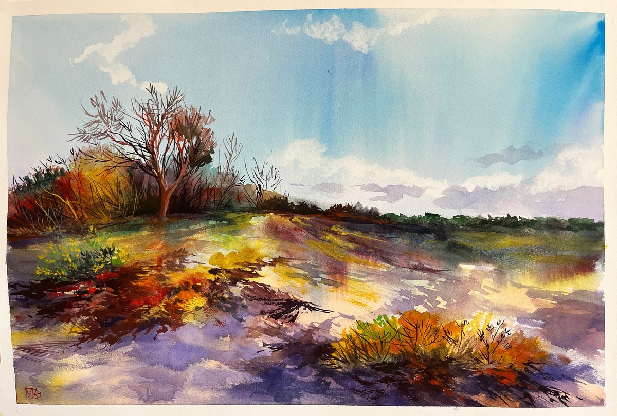 Impressionistic Landscape Watercolour By Maria Kireev, 21 X 15", Autumn Dunes, Original Artwork
