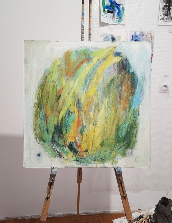 Oil painting Abstraction Yellow Green Spring