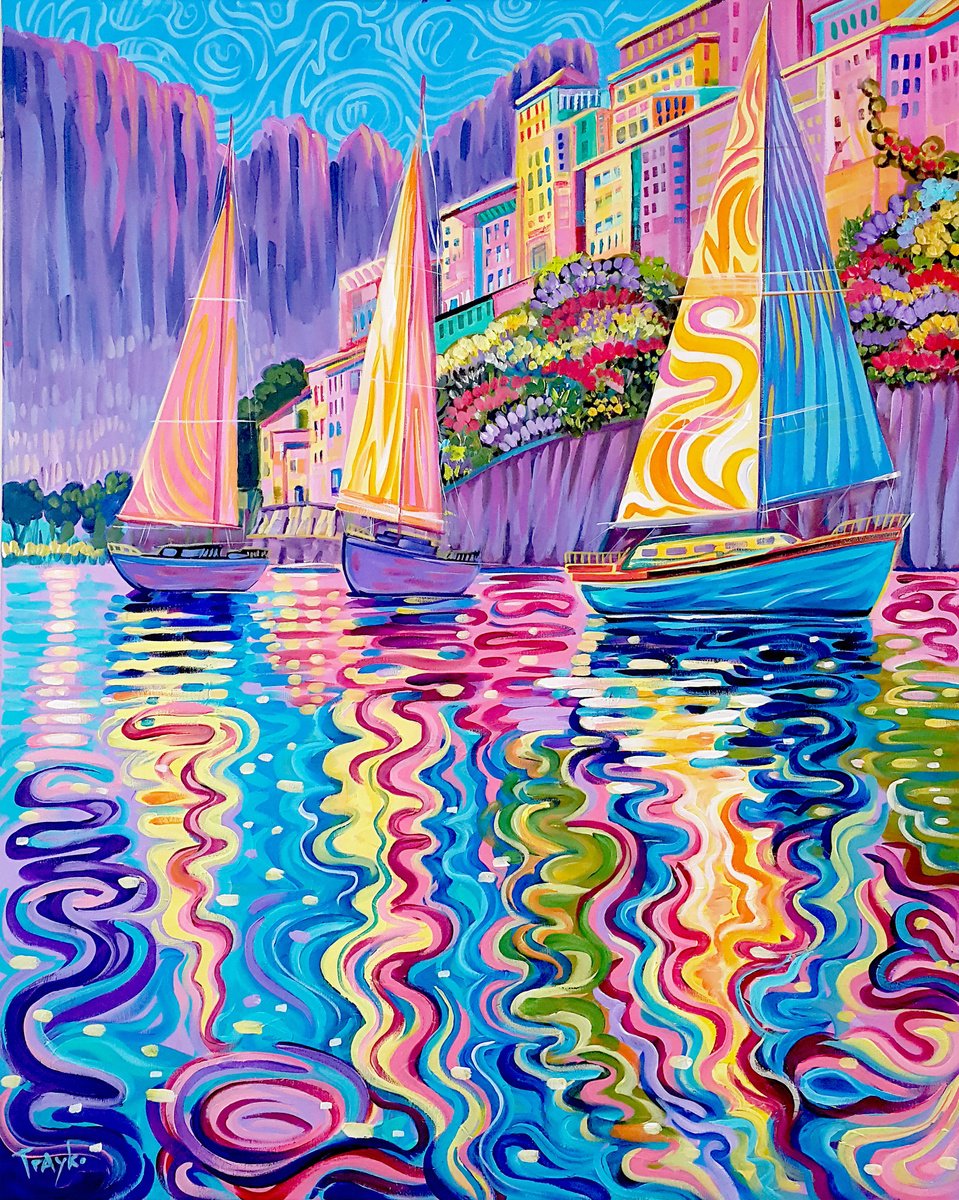 Abstract Landscape Acrylic Painting By Trayko Popov, 31 X 39", Mediterranean Evening, Original Artwork