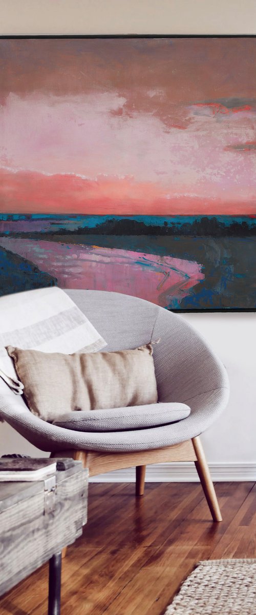 Sunset on the estuary 30x30 inch 76x76cm by Bo Kravchenko by Bo Kravchenko