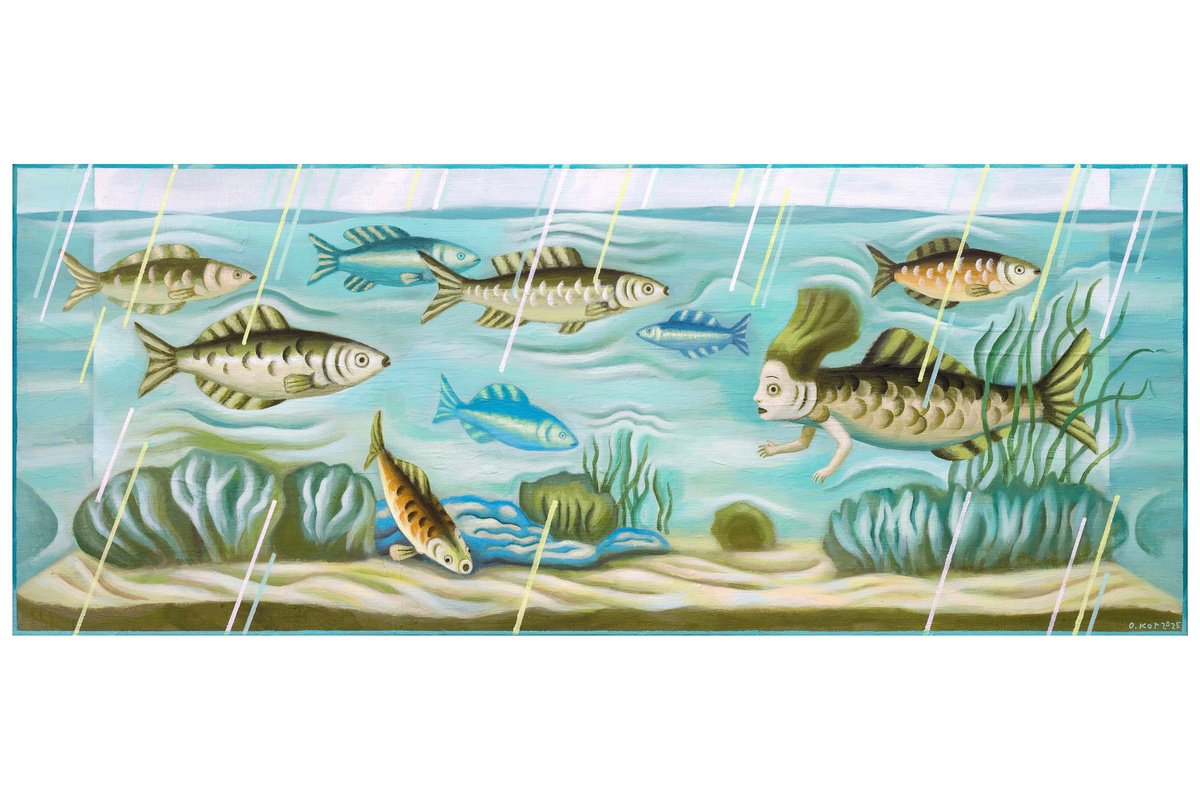 Naive Animal Acrylic Painting By Oleksandr Korol, 39 X 16", Aquarium, Original Artwork