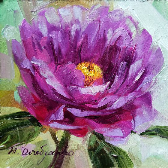 Peony original oil painting 4x4 framed, Small painting purple flowers, Unique peony wall art, Floral art Valentines day gift for wife