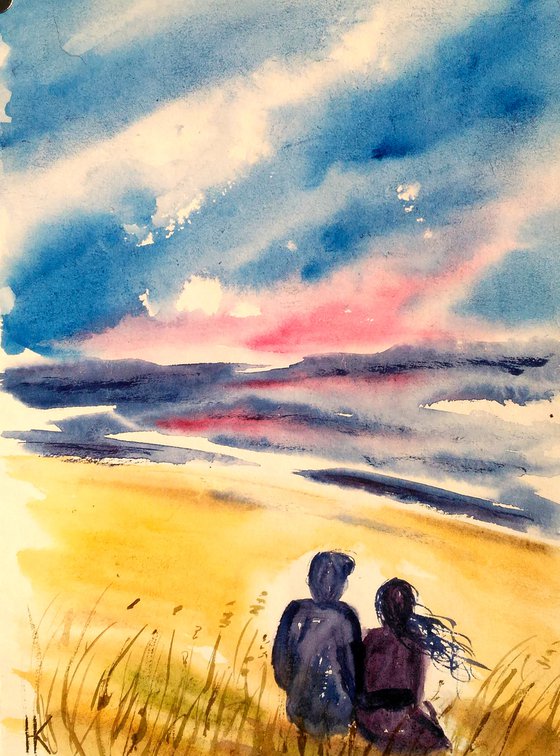 Couple Painting Beach Original Art Seascape Watercolor Ocean Artwork Small Home Wall Art 8 by 12" by Halyna Kirichenko