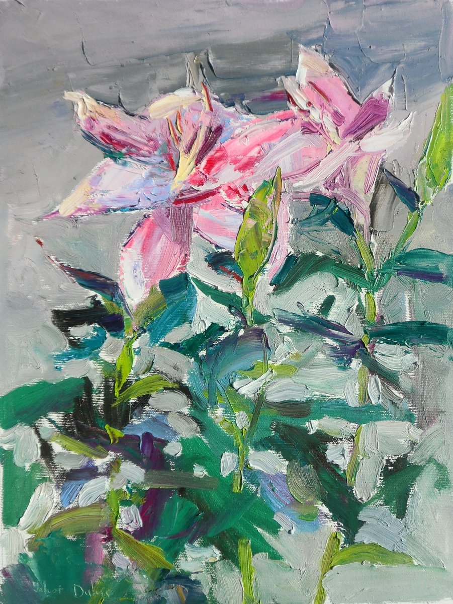 Expressive Botanical Oil Painting By Yehor Dulin, 12 X 16", " Lily Flowers ", Original Artwork