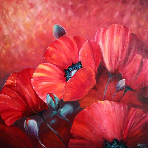 Poppies - oil painting, original gift, home decor, Flowering, Spring, Leaves, Red, Sexy, poster, Bedroom, Living Room by Natalie Demina