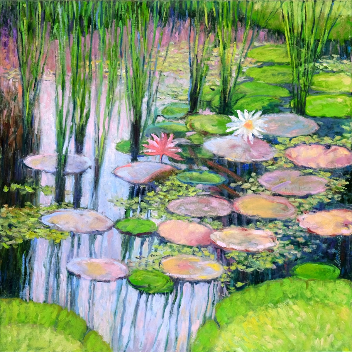 Impressionistic Landscape Oil Painting By Richard Mierniczak, 31 X 31", In The Botanical Garden, Original Artwork