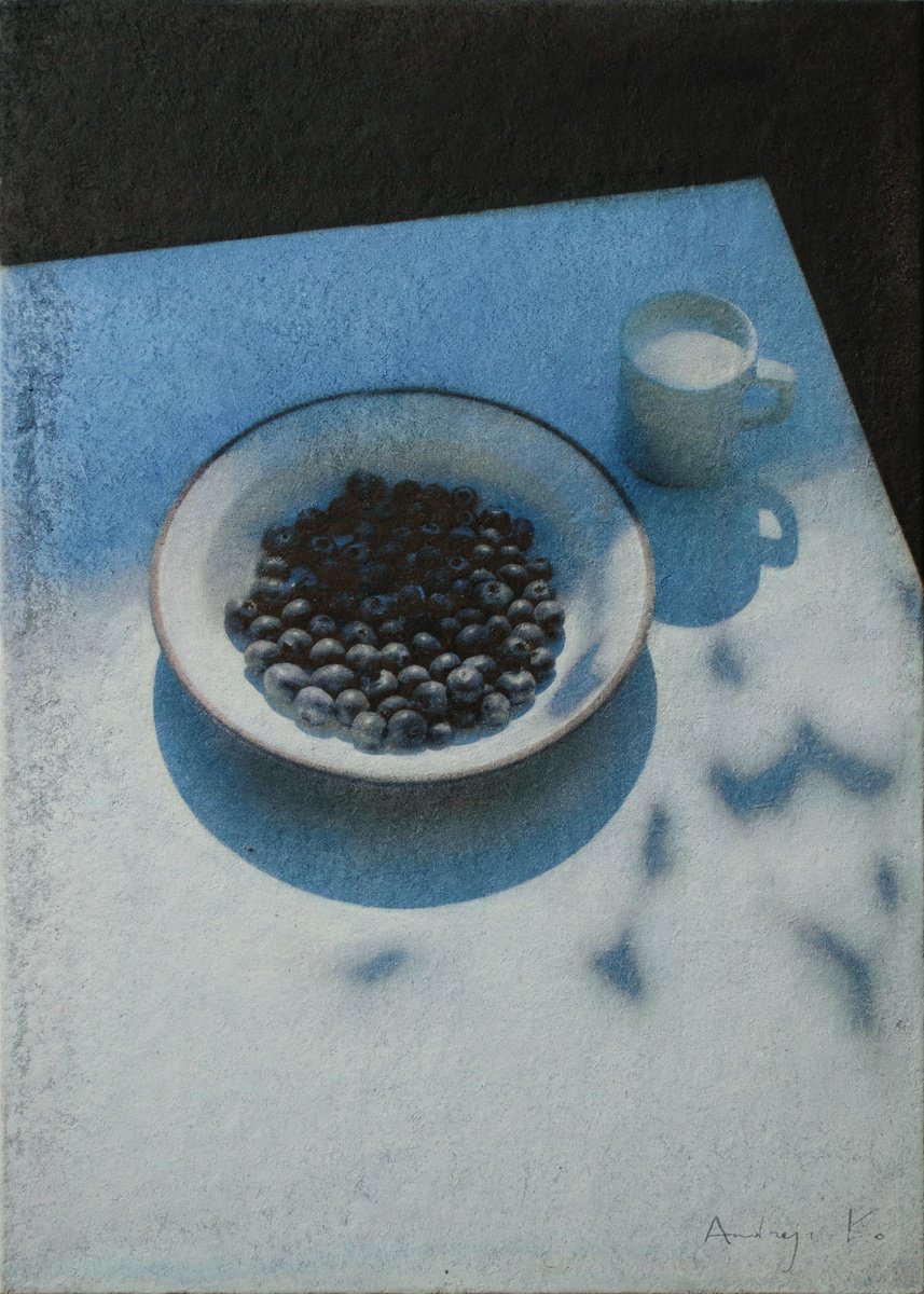 Photorealistic Still Life Acrylic Painting By Andrejs Ko, 20 X 28, Blueberries And A Cup Of Milk, Original Artwork