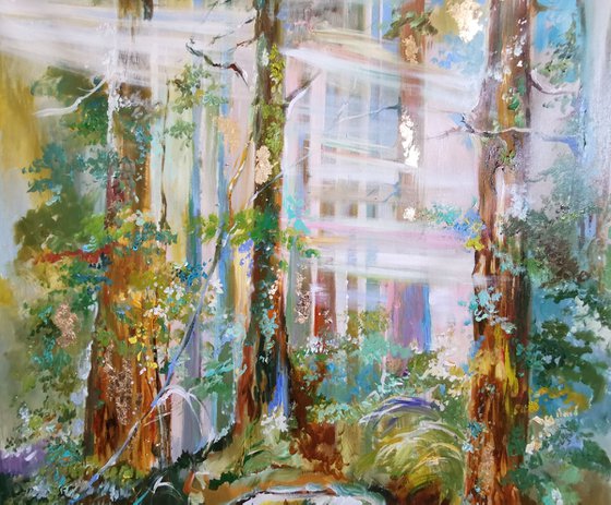 Forest oil painting, Emerald forest. Fairy forest Large Art
