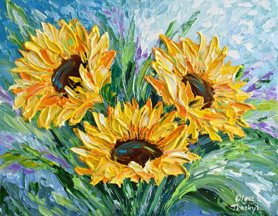 Sunflower Bouquet 11x14, Original Acrylic Painting on Canvas, Impasto Floral abstract art, Impressionist  Palette Knife Modern Painting