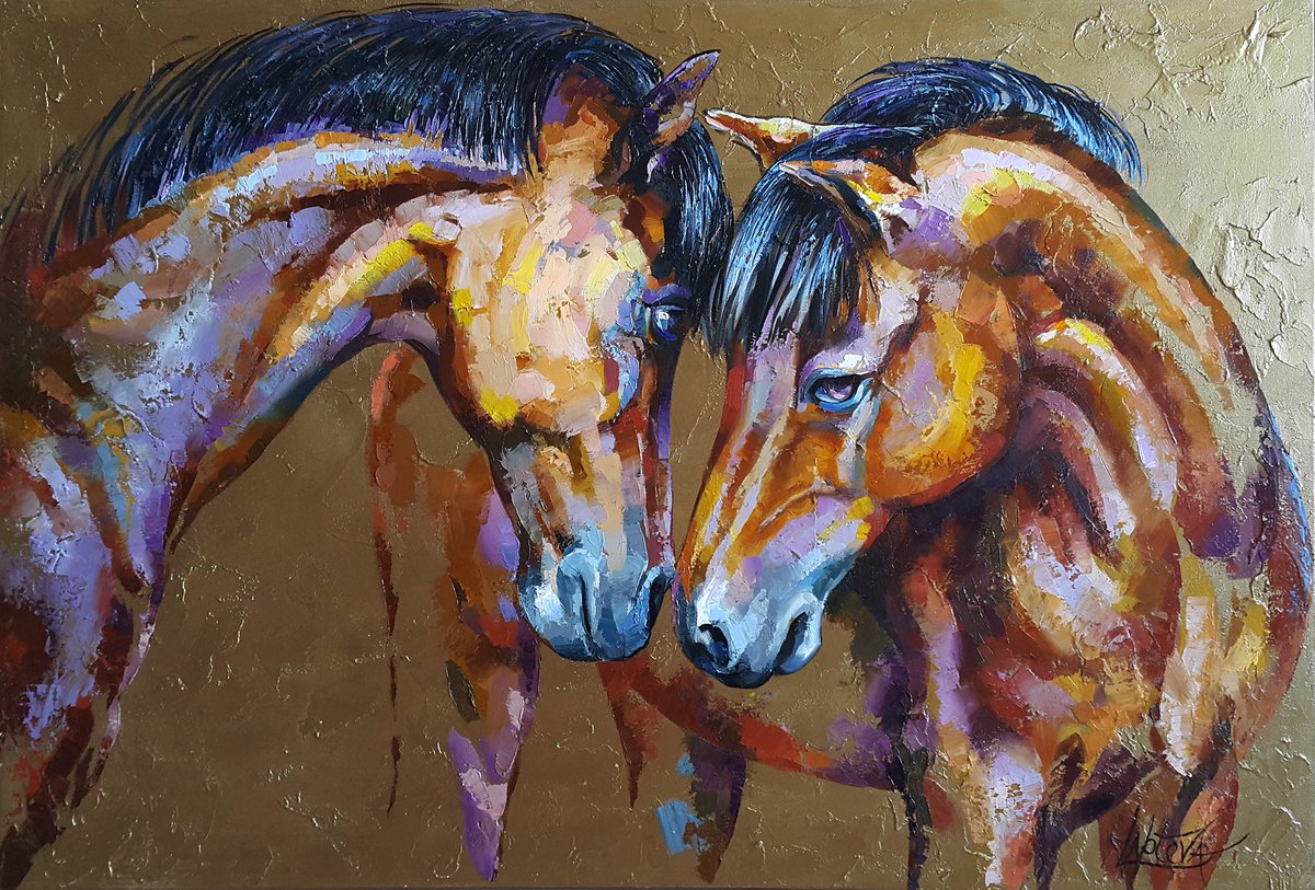 Impressionistic Animal Oil Painting By Viktoria Lapteva, 41 X 28", Tender Feelings, Original Artwork