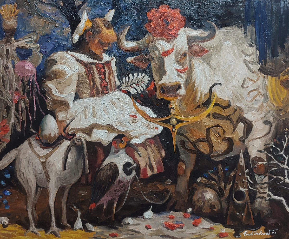 Surrealistic Portrait Oil Painting By Pavel Guliaev, 24 X 20", "Holy Cow", Original Artwork