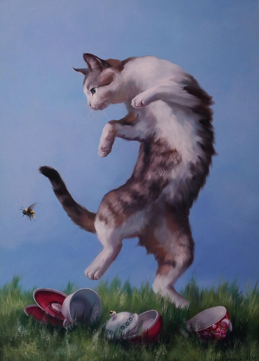 Illustrative Animal Oil Painting By Lena Vylusk, 20 X 28", "Flight Of The Bumblebee", Original Artwork