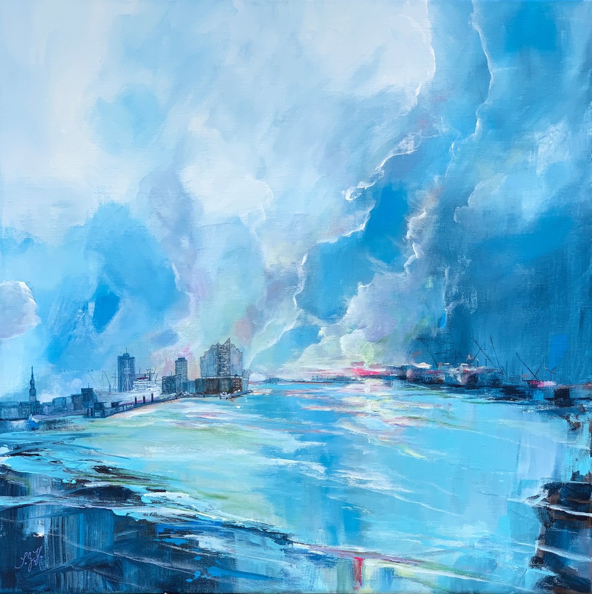 Impressionistic Cityscapes Acrylic Painting By Sandra Gebhardt-Hoepfner, 24 X 24", Elphi Hamburg, Original Artwork