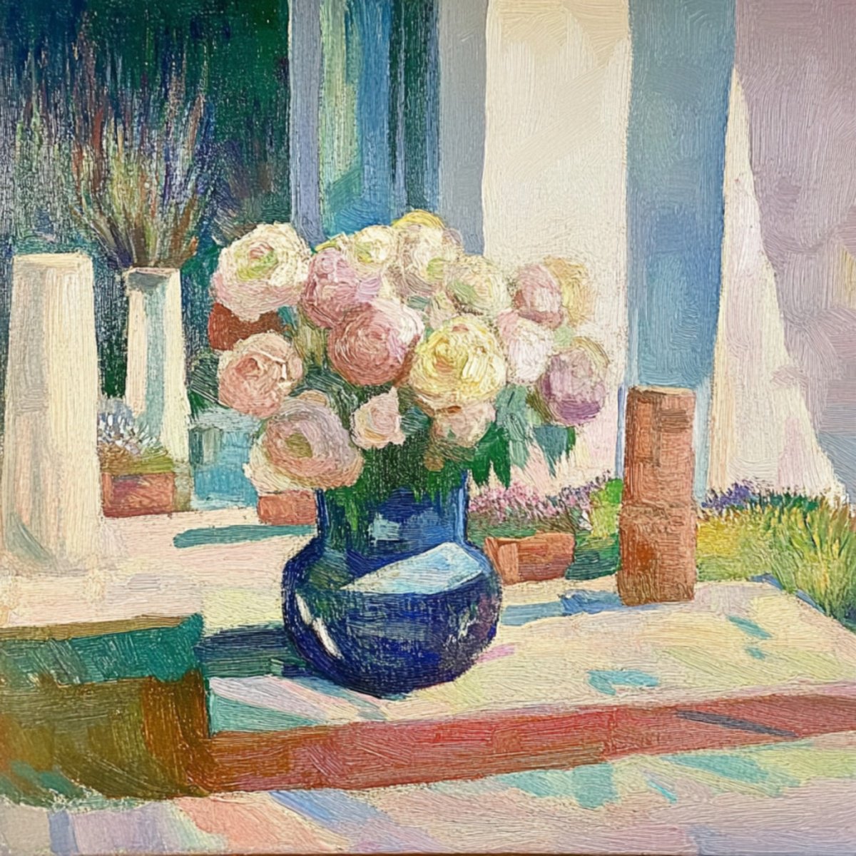 Impressionistic Botanical Print By Elena Avanesova, 31 X 31, Roses In A Blue Vase, Original Artwork