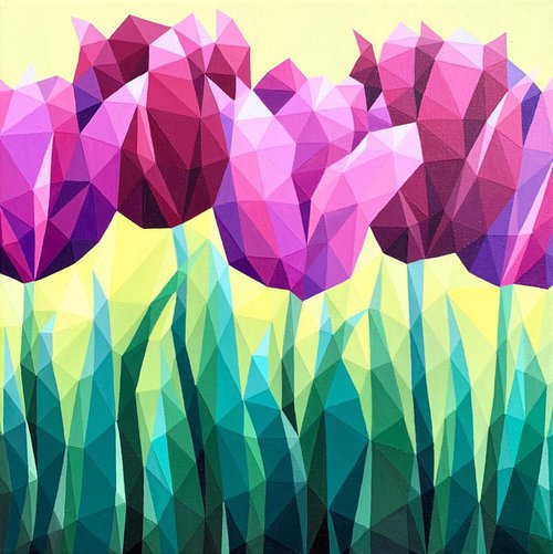 LILAC TULIPS ON YELLOW by Maria Tuzhilkina