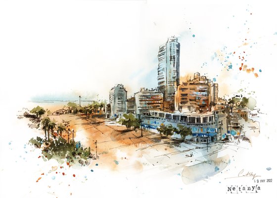 Netanya Israel City - Architecture Mixed Media Painting