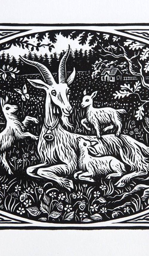 Goat Linocut Print by Valdis Baskirovs