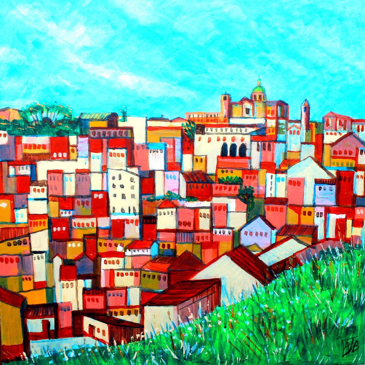 Impressionistic Landscape Acrylic Painting By Paul J Best, 28 X 28", Piazza Armerina, Original Artwork