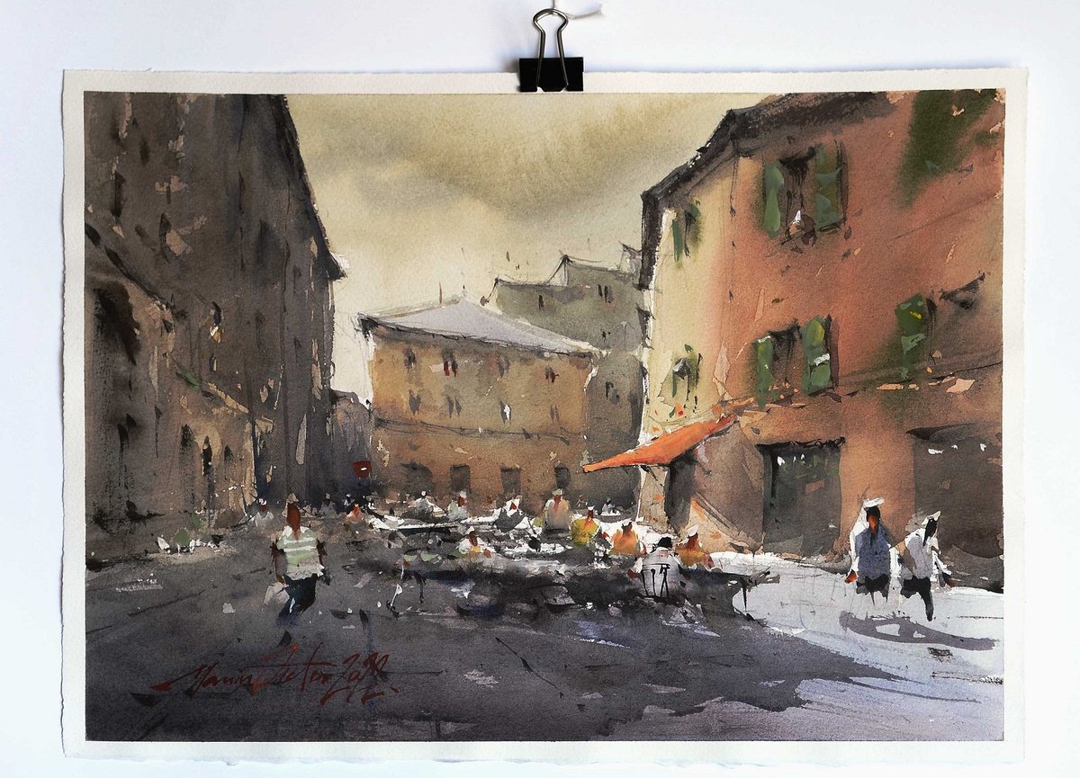 Bologna, urban watercolor painting on paper, 2022 by Marin Victor