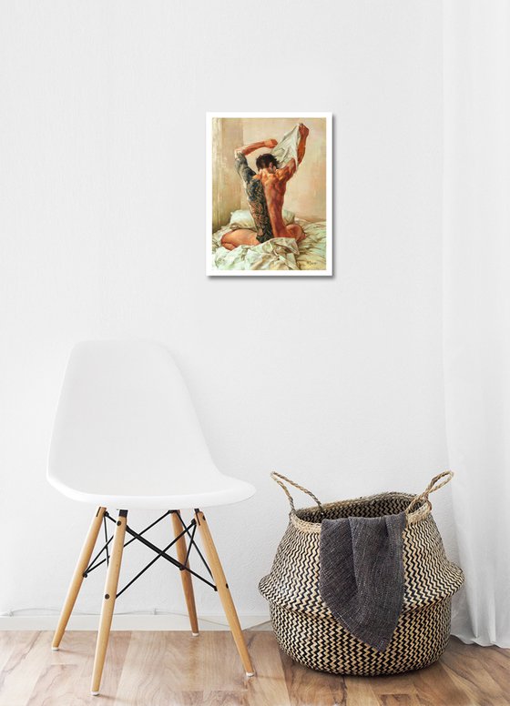 Tiger awakens by Yaroslav Sobol  (Modern Impressionistic Nude Male Model Oil painting Gift Home decor)