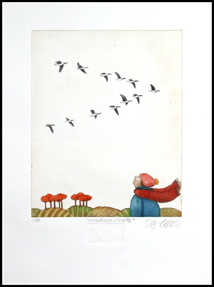 Illustrative Landscape Etchings & Engravings By Mariann Johansen-Ellis, 13 X 17", Heading South, Original Artwork