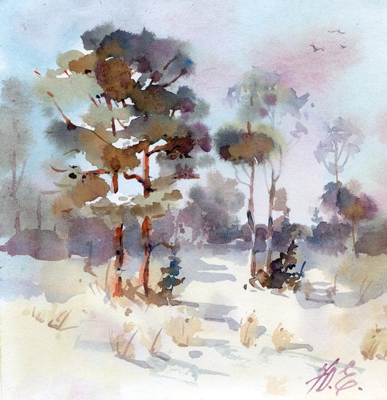 Snowy landscape / Winter forest in watercolor