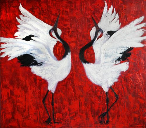 Dance in Red Valley. Chinese heron /  ORIGINAL PAINTING by Salana Art Gallery