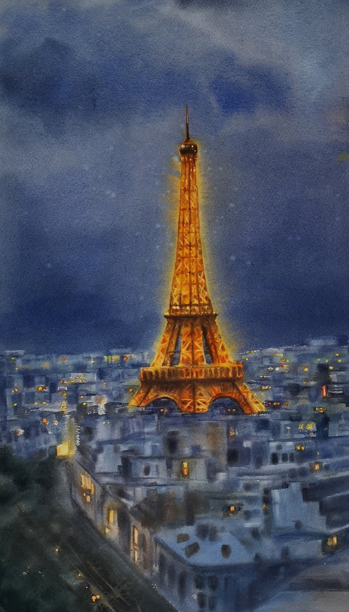 Nightscape Paris Eiffel Tower by Olga Beliaeva Watercolour