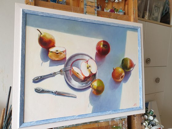 "Apples and pears. "  still life summer grape pear white liGHt original painting  GIFT (2021)