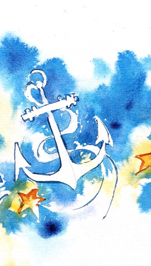 "Anchor in the Sea" small original watercolor artwork in square format by Ksenia Selianko